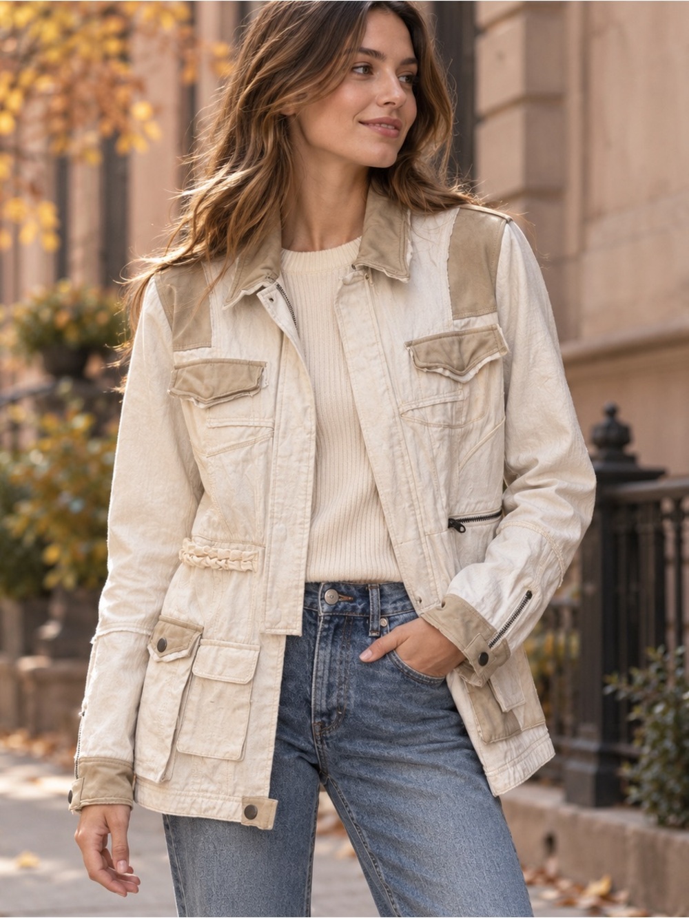 JKT NYC Cream Tan Leather Trim Utility Jacket
